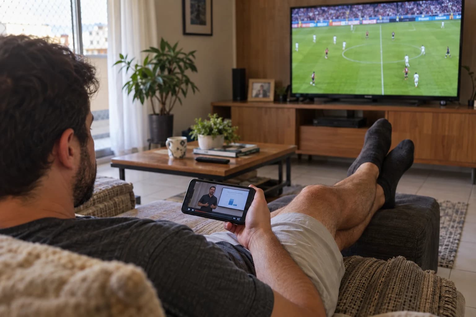 Homem acompanha futebol na televisão enquanto uma aula continua rodando no celular.