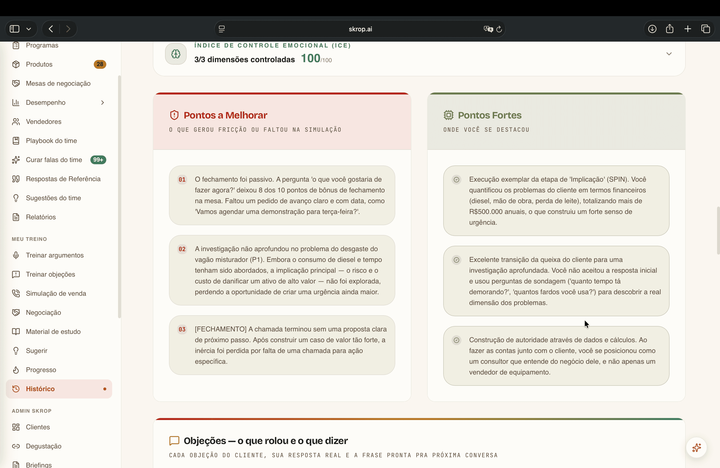 Relatório mostrando o que o vendedor fez bem e onde precisa melhorar nas perguntas e no fechamento da venda.
