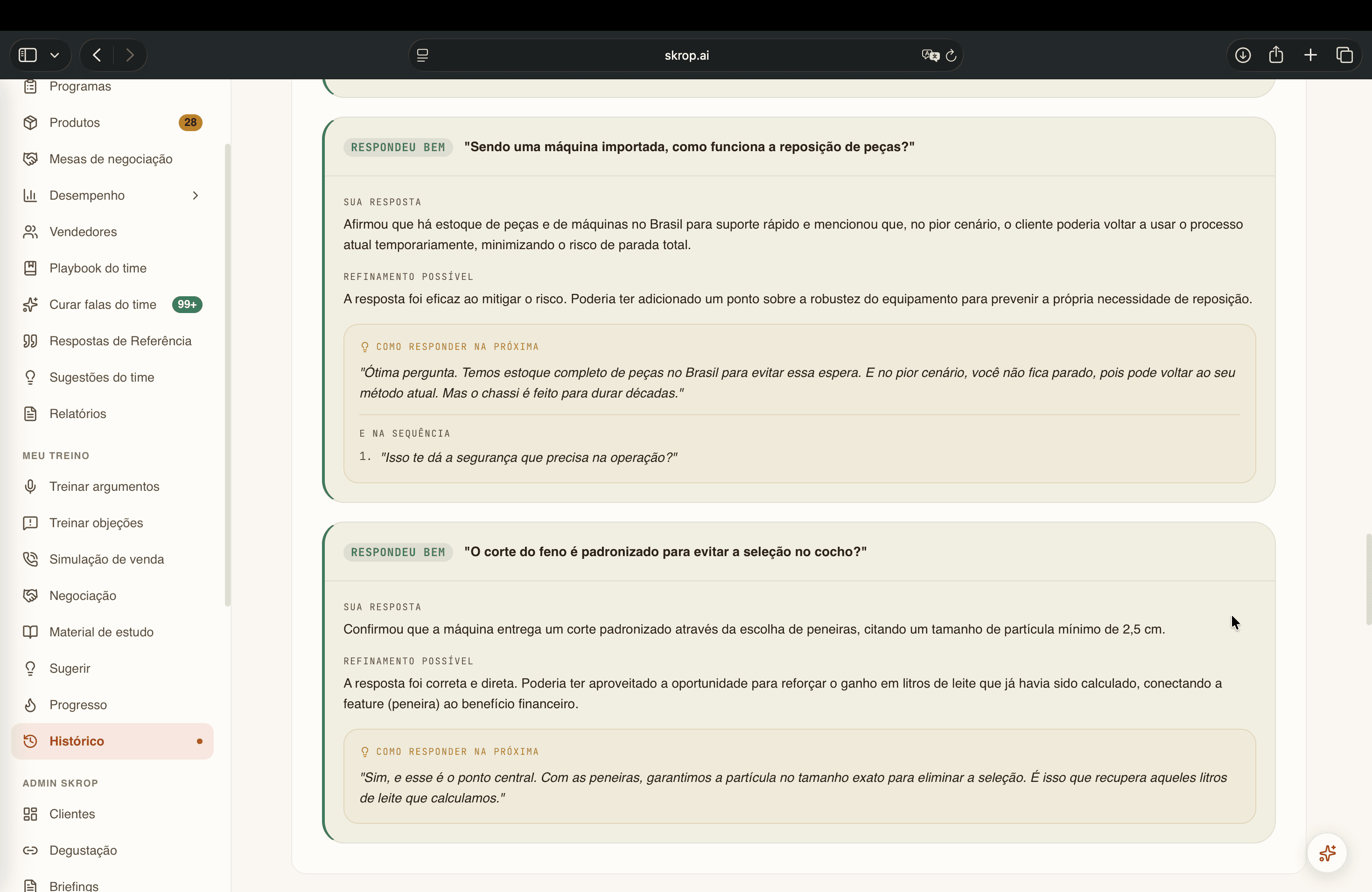 Análise das respostas às objeções, com sugestões do que dizer na próxima conversa.