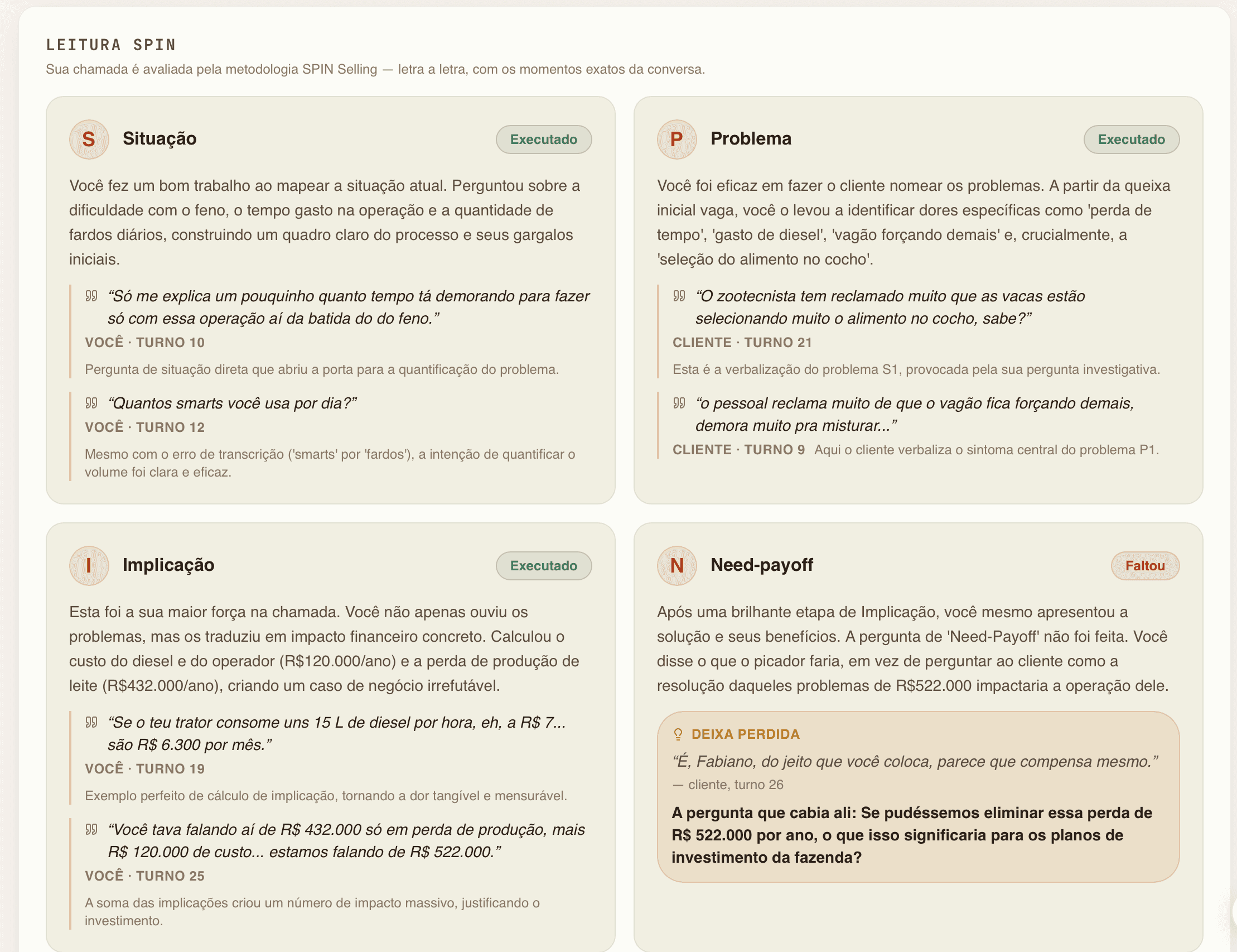 Relatório real do Skrop com Situação, Problema e Implicação executados, e Need-payoff pendente com sugestão de pergunta.